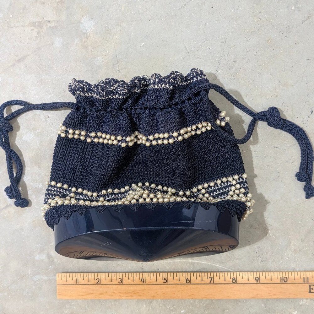 Vintage 1950s Crocheted Navy Drawstring Handbag, Pristine Condition
